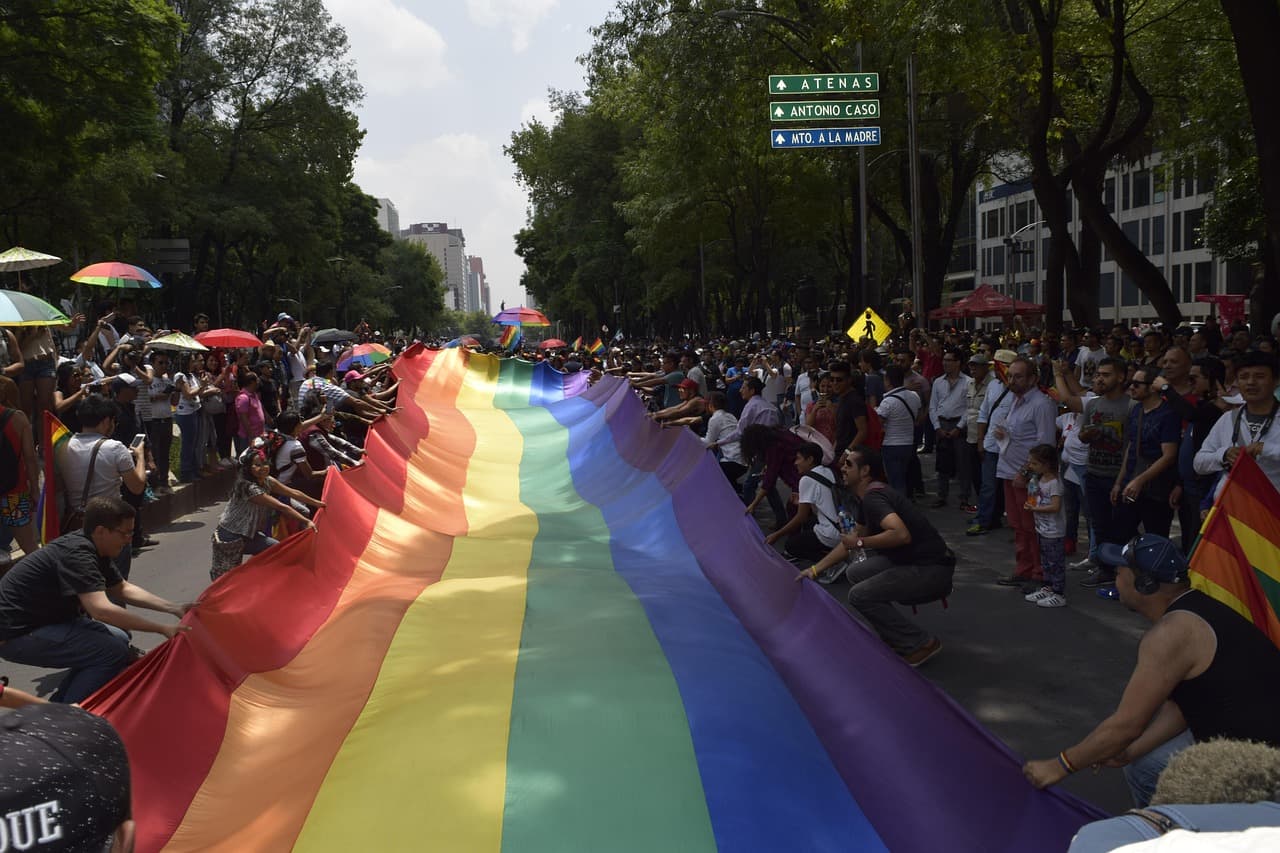 Multitud sosteniendo una bandera arcoíris de gran tamaño a lo largo de una avenida arbolada durante una marcha del Orgullo