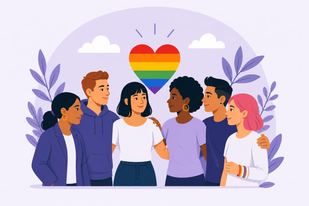 grupo de personas mirándose agarradas