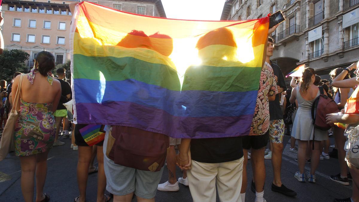 Dos personas en una manifestación del colectivo sujetando la bandera a sus espaldas